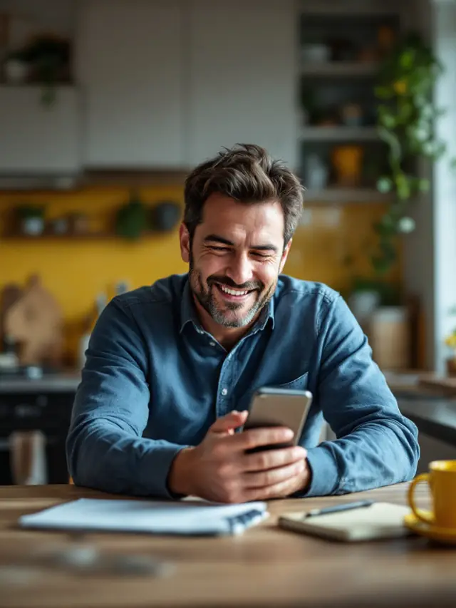 Hombre revisando sus cuentas en el celular en la mesa de la cocina